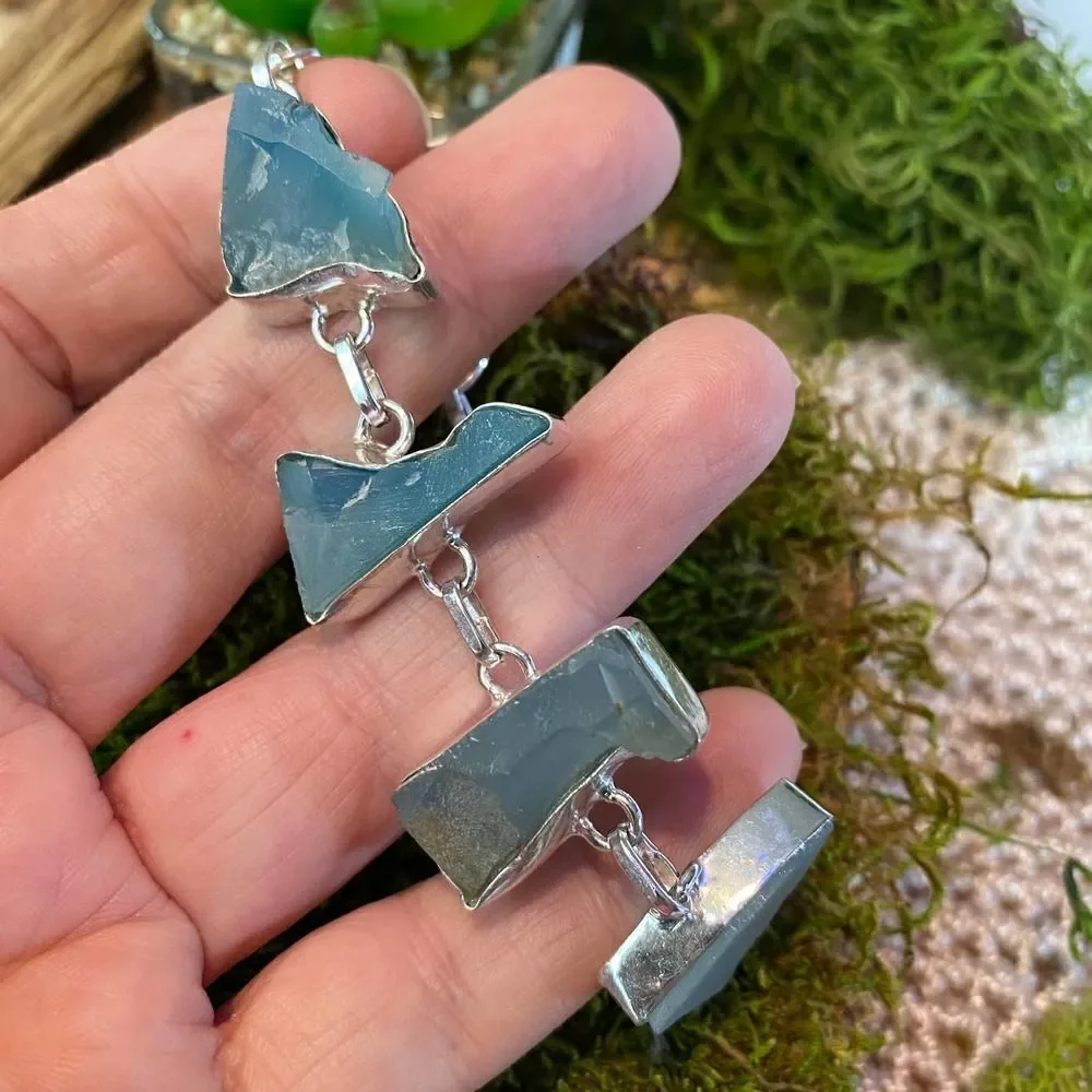 Rough Aqua Chalcedony Gemstone Sterling Silver Toggle Bracelet - Picture 2 of 5